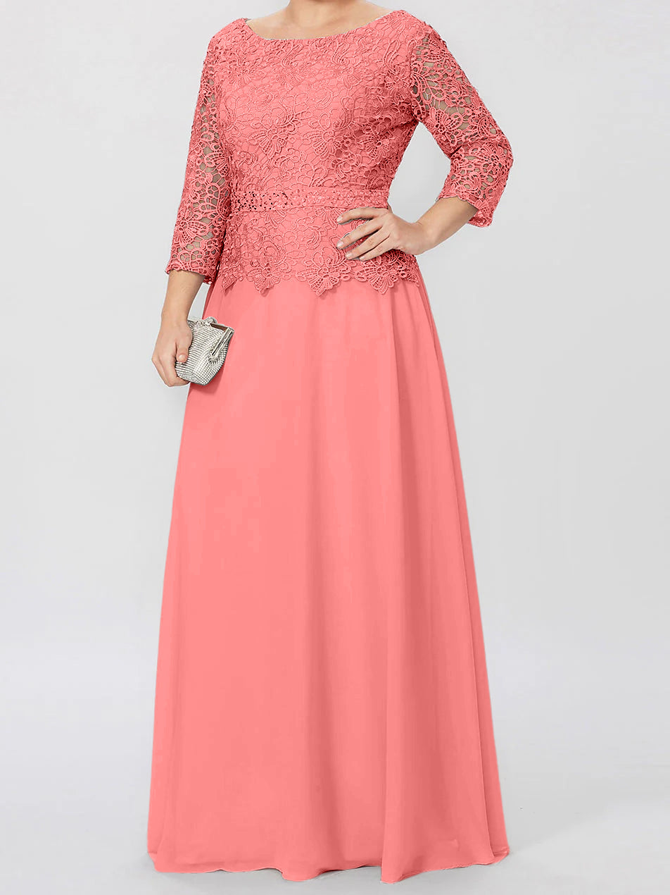 Robe de Mère de la Mariée Coupe A-Line/Princess, Col Rond, Manches 3/4, Longueur Au Sol, avec Appliques et Paillettes