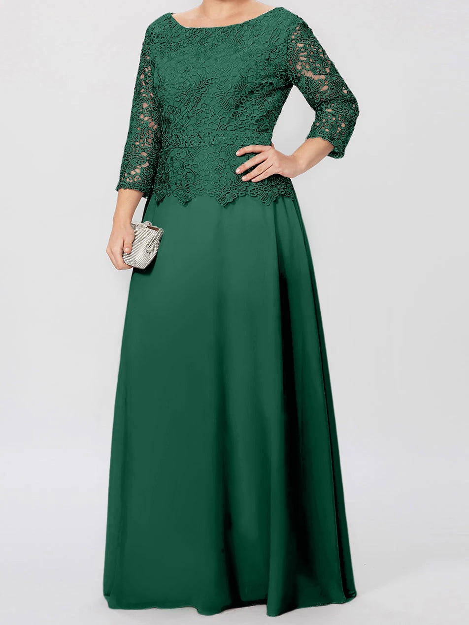 Robe de Mère de la Mariée Coupe A-Line/Princess, Col Rond, Manches 3/4, Longueur Au Sol, avec Appliques et Paillettes