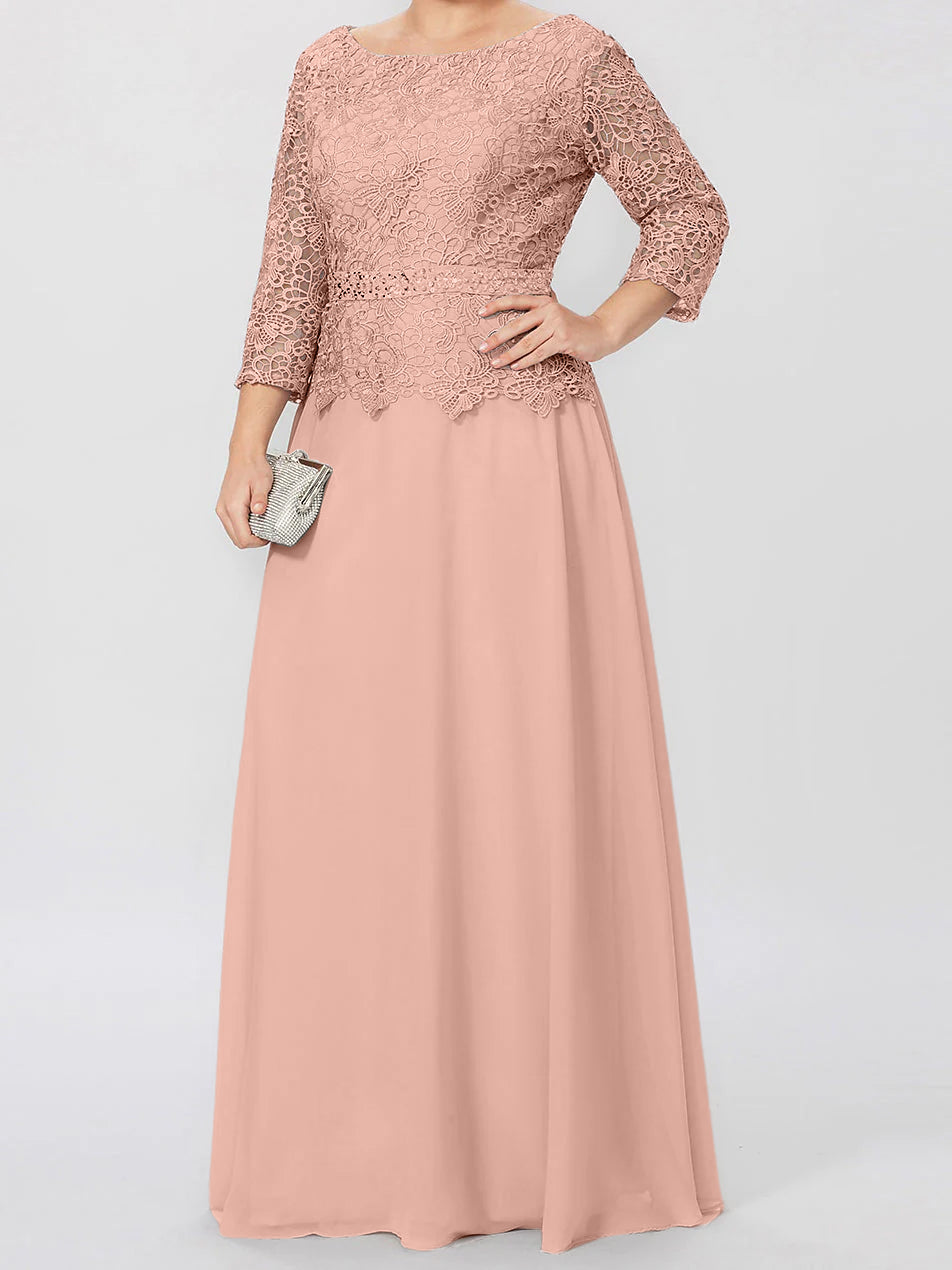 Robe de Mère de la Mariée Coupe A-Line/Princess, Col Rond, Manches 3/4, Longueur Au Sol, avec Appliques et Paillettes