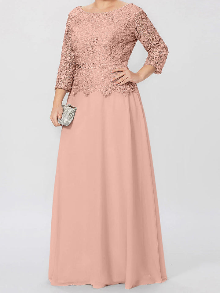 Robe de Mère de la Mariée Coupe A-Line/Princess, Col Rond, Manches 3/4, Longueur Au Sol, avec Appliques et Paillettes