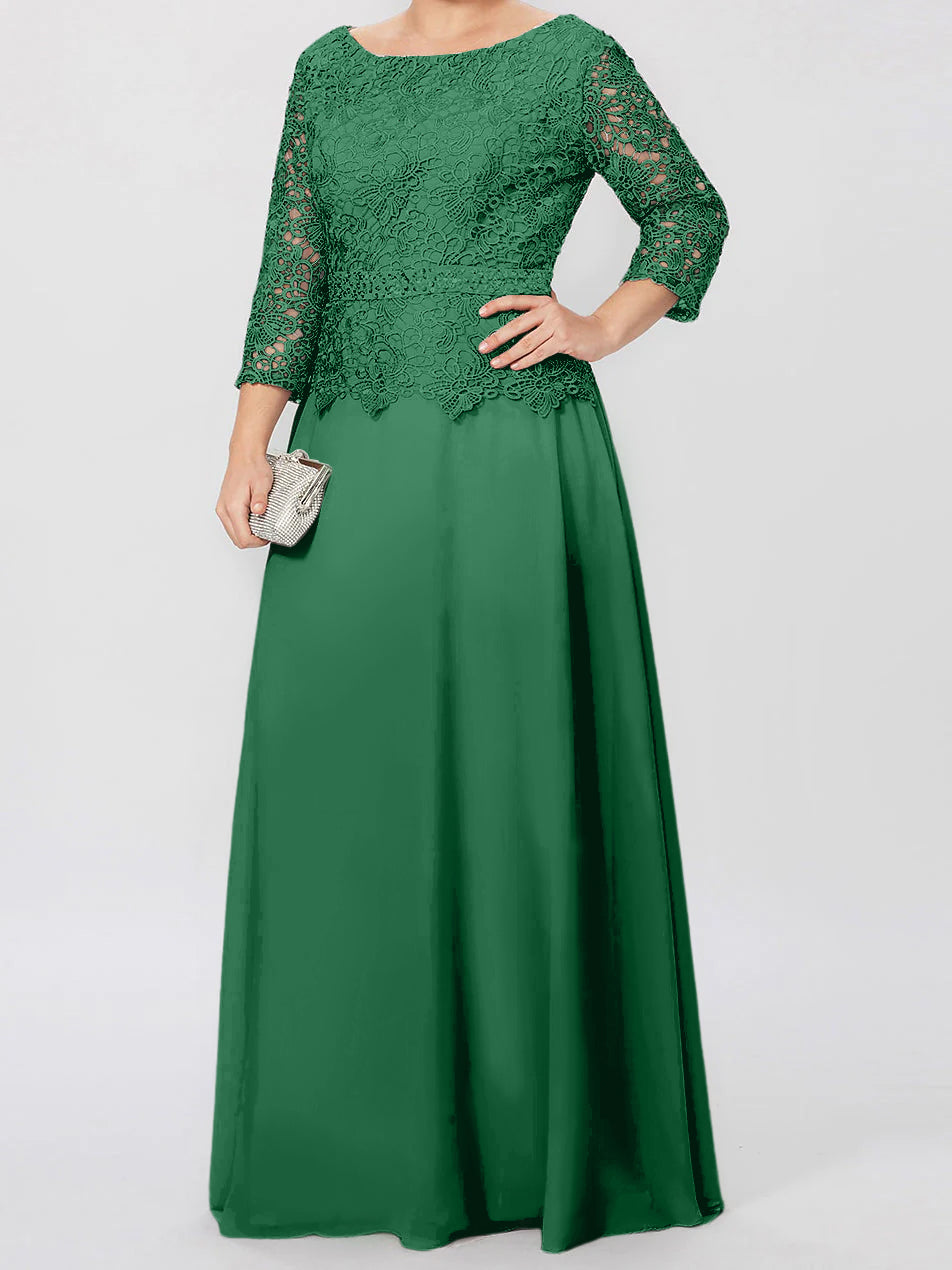 Robe de Mère de la Mariée Coupe A-Line/Princess, Col Rond, Manches 3/4, Longueur Au Sol, avec Appliques et Paillettes
