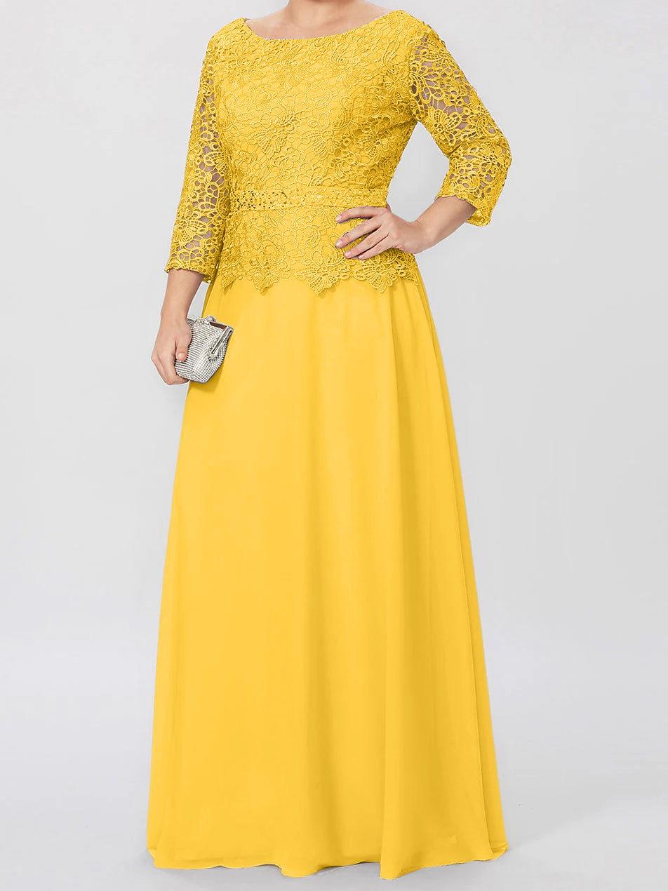 Robe de Mère de la Mariée Coupe A-Line/Princess, Col Rond, Manches 3/4, Longueur Au Sol, avec Appliques et Paillettes