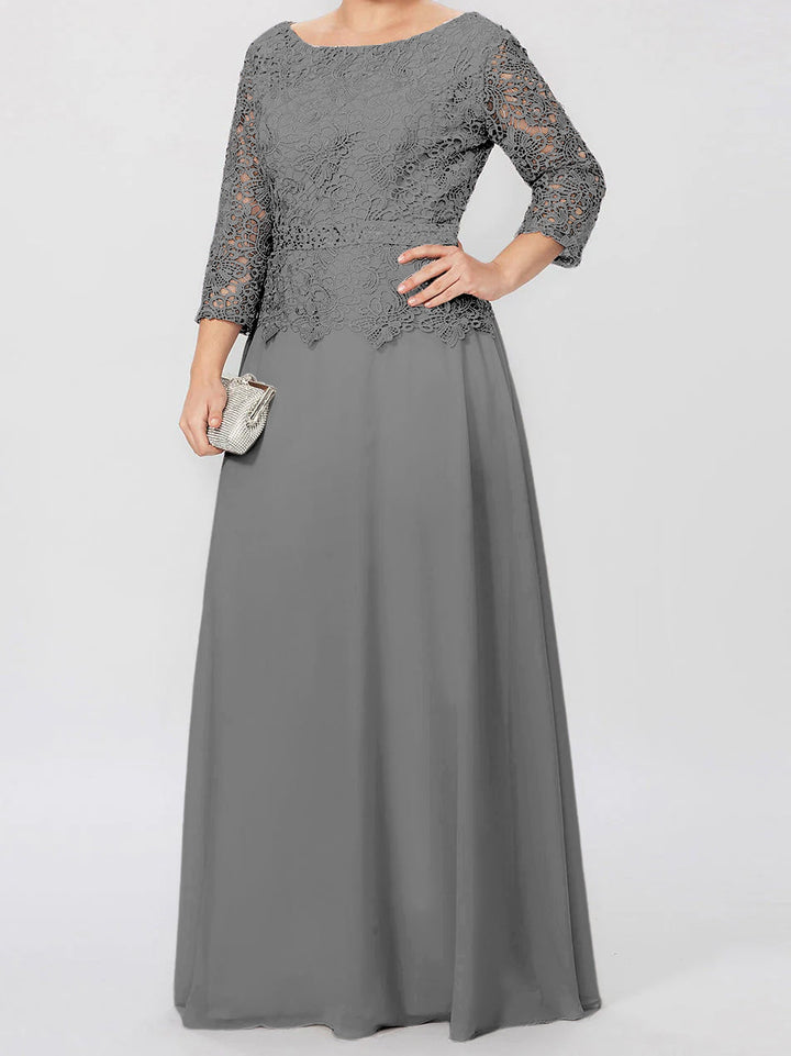 Robe de Mère de la Mariée Coupe A-Line/Princess, Col Rond, Manches 3/4, Longueur Au Sol, avec Appliques et Paillettes