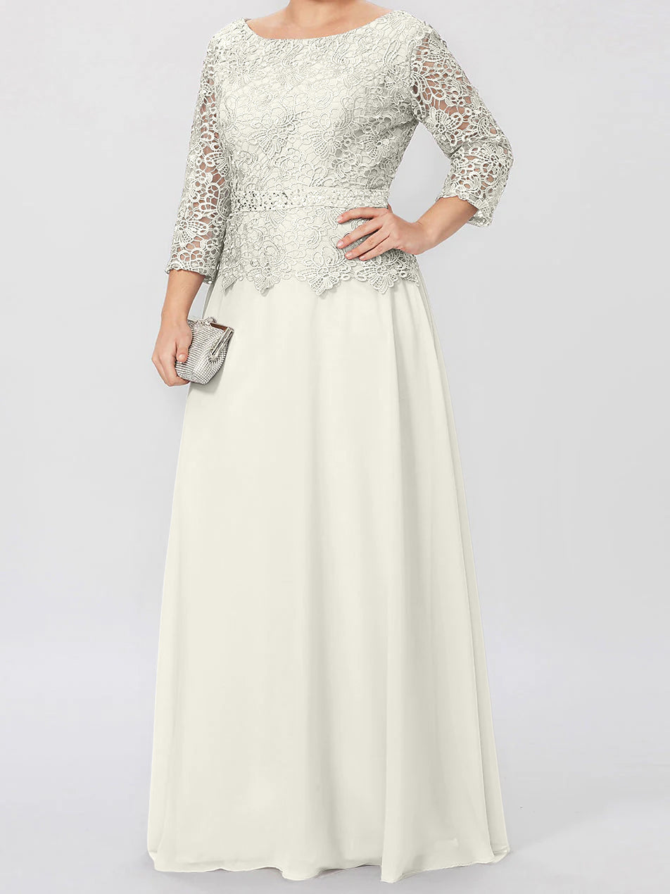 Robe de Mère de la Mariée Coupe A-Line/Princess, Col Rond, Manches 3/4, Longueur Au Sol, avec Appliques et Paillettes