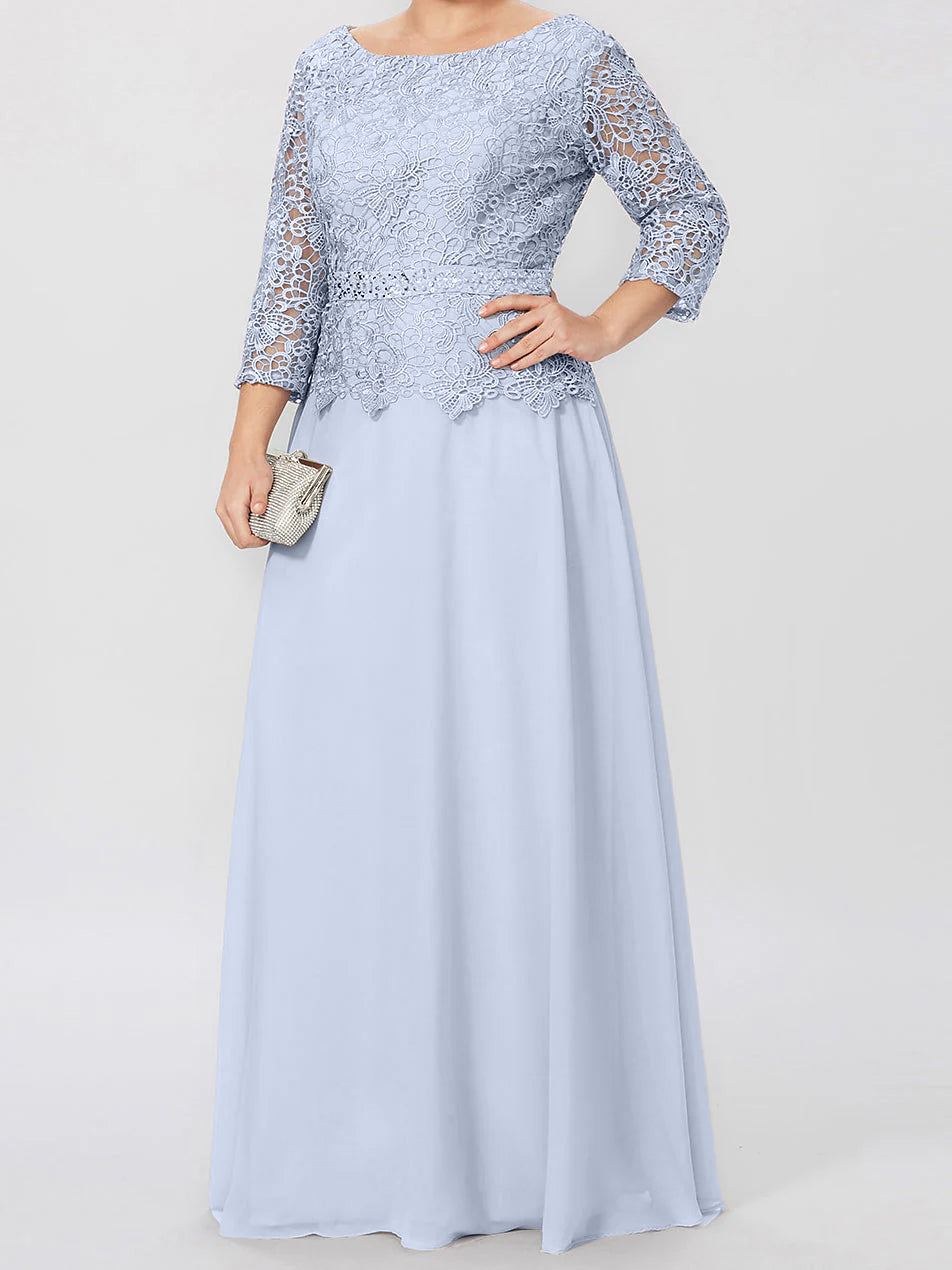Robe de Mère de la Mariée Coupe A-Line/Princess, Col Rond, Manches 3/4, Longueur Au Sol, avec Appliques et Paillettes