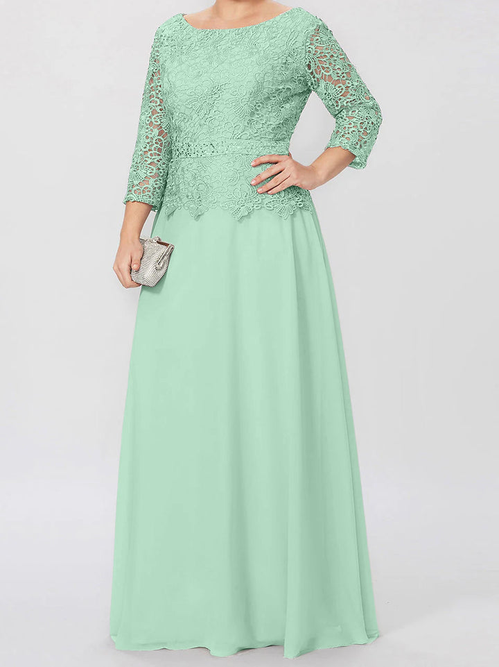 Robe de Mère de la Mariée Coupe A-Line/Princess, Col Rond, Manches 3/4, Longueur Au Sol, avec Appliques et Paillettes