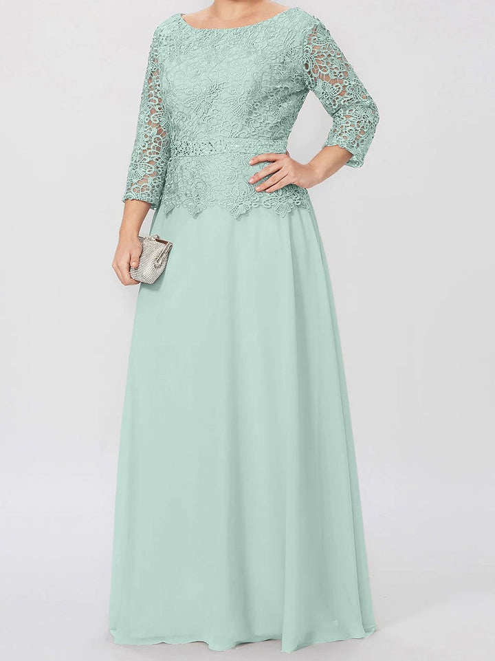 Robe de Mère de la Mariée Coupe A-Line/Princess, Col Rond, Manches 3/4, Longueur Au Sol, avec Appliques et Paillettes