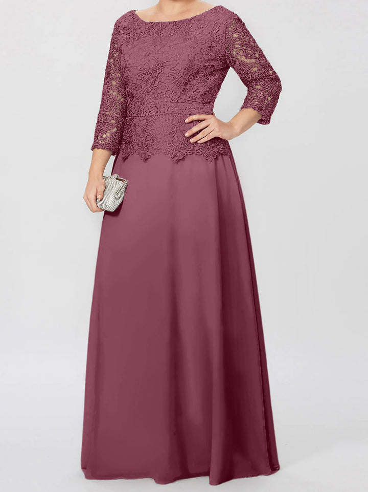 Robe de Mère de la Mariée Coupe A-Line/Princess, Col Rond, Manches 3/4, Longueur Au Sol, avec Appliques et Paillettes