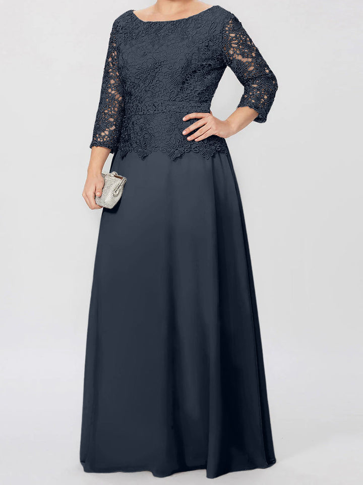 Robe de Mère de la Mariée Coupe A-Line/Princess, Col Rond, Manches 3/4, Longueur Au Sol, avec Appliques et Paillettes