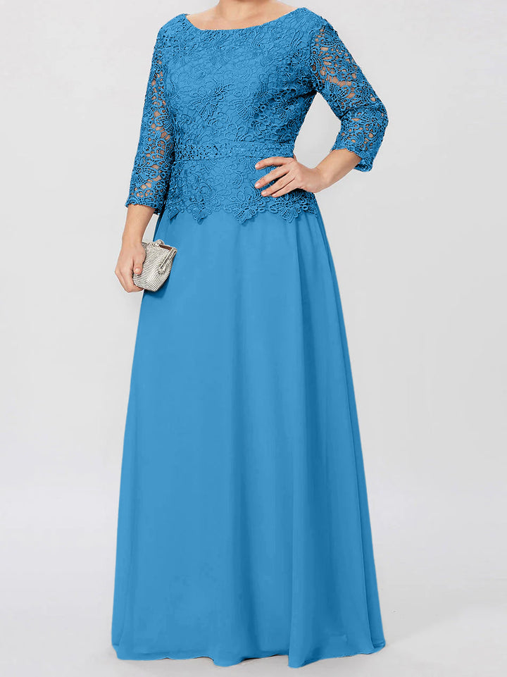 Robe de Mère de la Mariée Coupe A-Line/Princess, Col Rond, Manches 3/4, Longueur Au Sol, avec Appliques et Paillettes