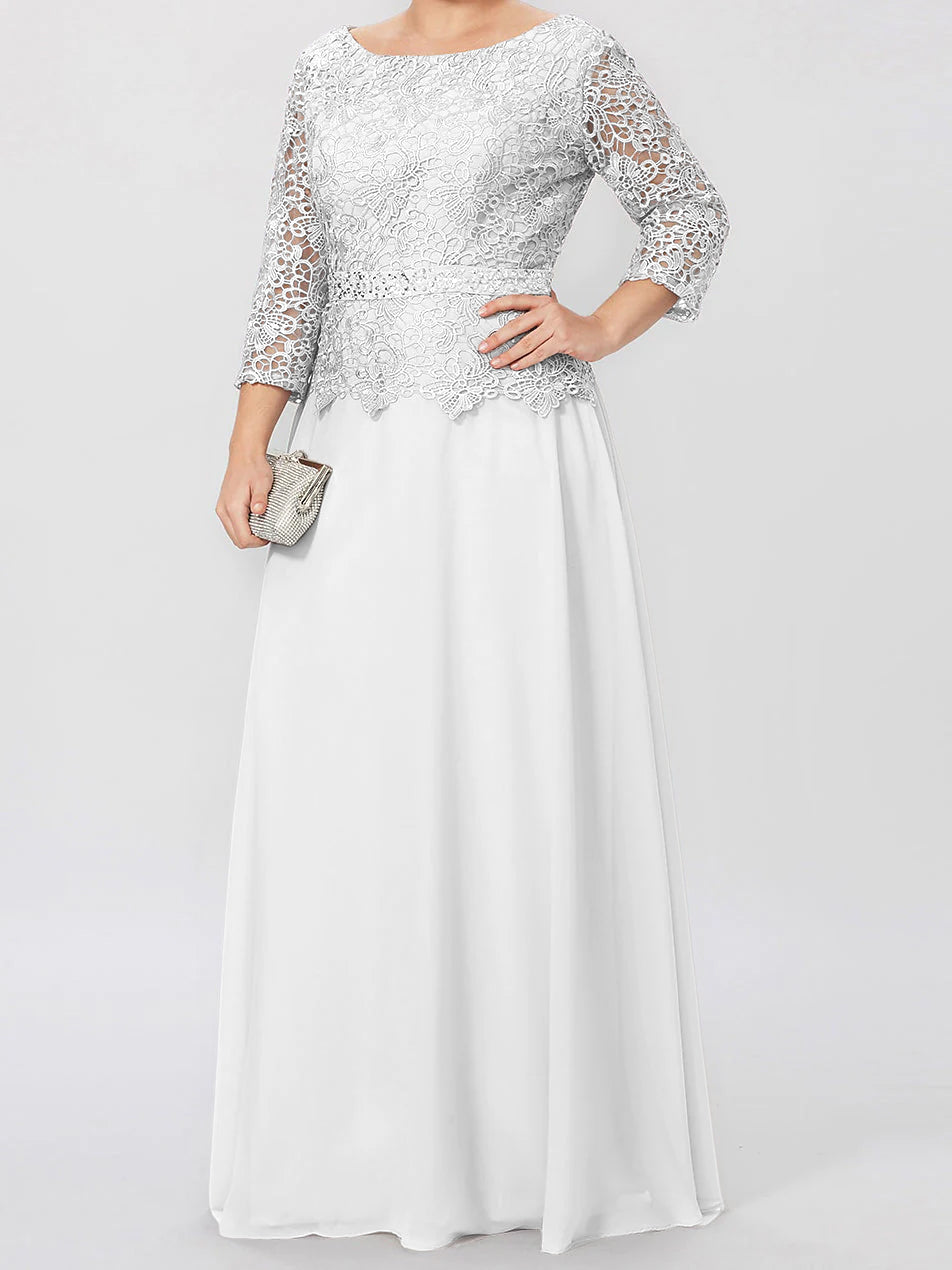 Robe de Mère de la Mariée Coupe A-Line/Princess, Col Rond, Manches 3/4, Longueur Au Sol, avec Appliques et Paillettes