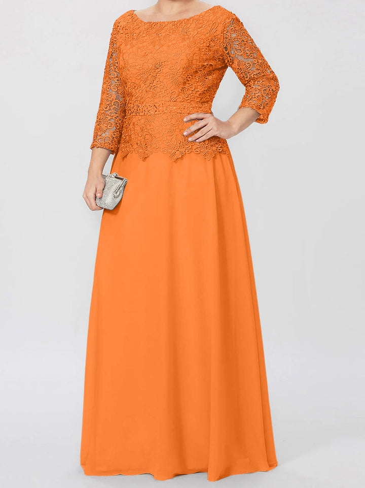 Robe de Mère de la Mariée Coupe A-Line/Princess, Col Rond, Manches 3/4, Longueur Au Sol, avec Appliques et Paillettes