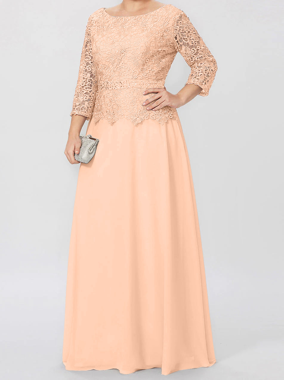 Robe de Mère de la Mariée Coupe A-Line/Princess, Col Rond, Manches 3/4, Longueur Au Sol, avec Appliques et Paillettes