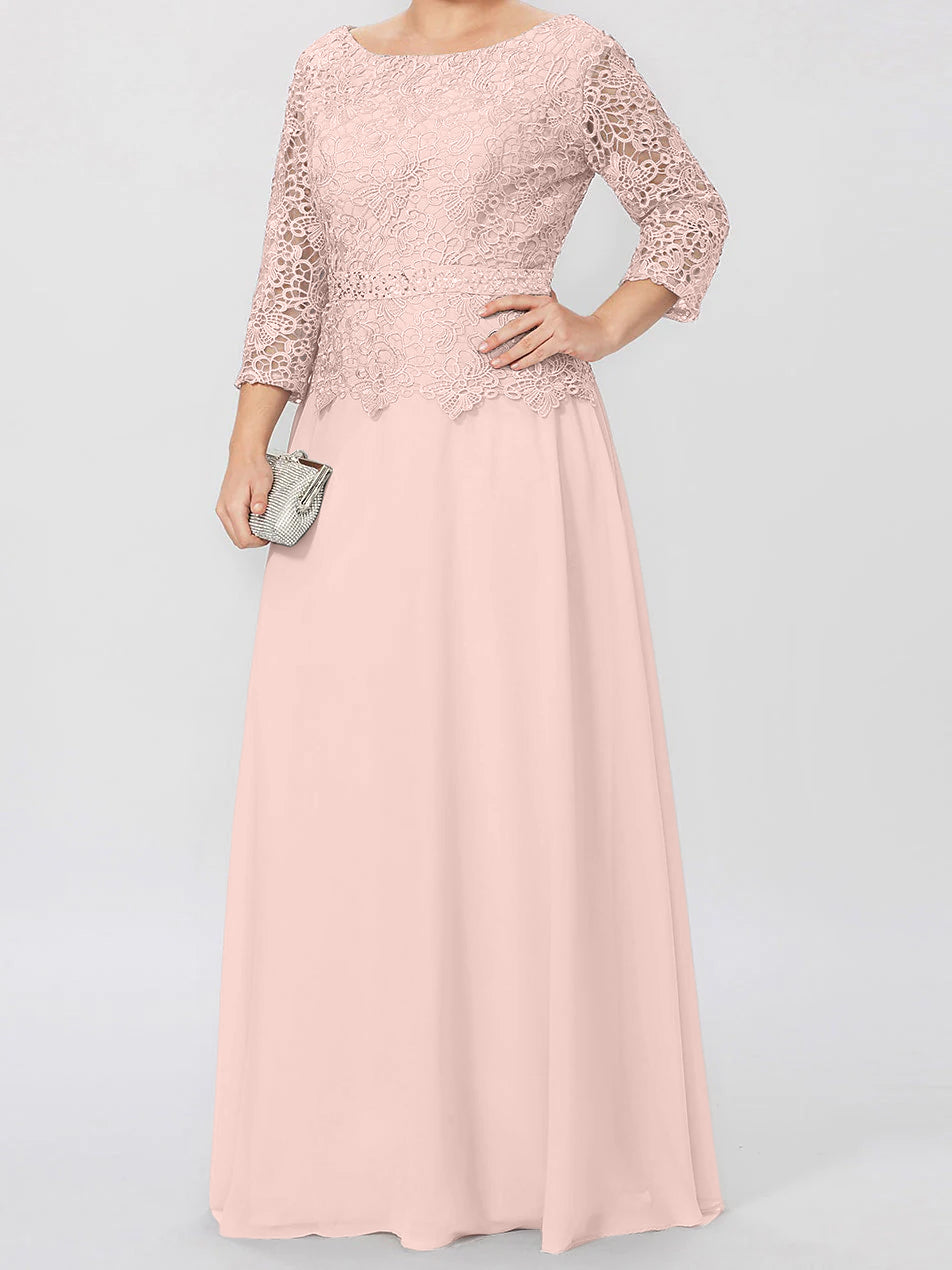 Robe de Mère de la Mariée Coupe A-Line/Princess, Col Rond, Manches 3/4, Longueur Au Sol, avec Appliques et Paillettes