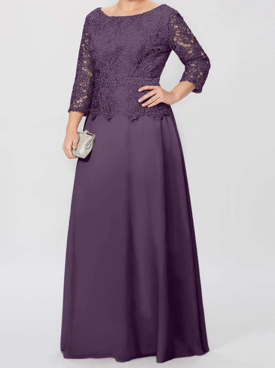 Robe de Mère de la Mariée Coupe A-Line/Princess, Col Rond, Manches 3/4, Longueur Au Sol, avec Appliques et Paillettes