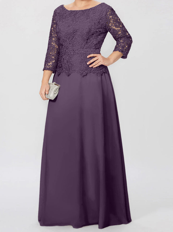 Robe de Mère de la Mariée Coupe A-Line/Princess, Col Rond, Manches 3/4, Longueur Au Sol, avec Appliques et Paillettes