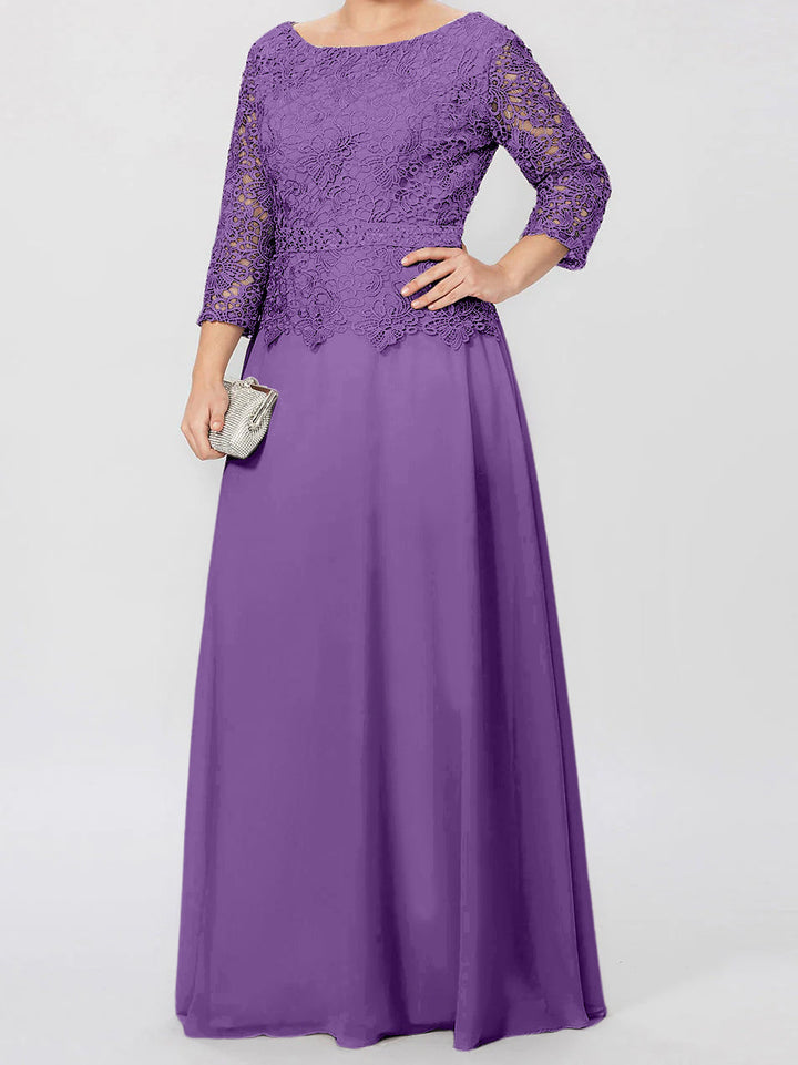 Robe de Mère de la Mariée Coupe A-Line/Princess, Col Rond, Manches 3/4, Longueur Au Sol, avec Appliques et Paillettes