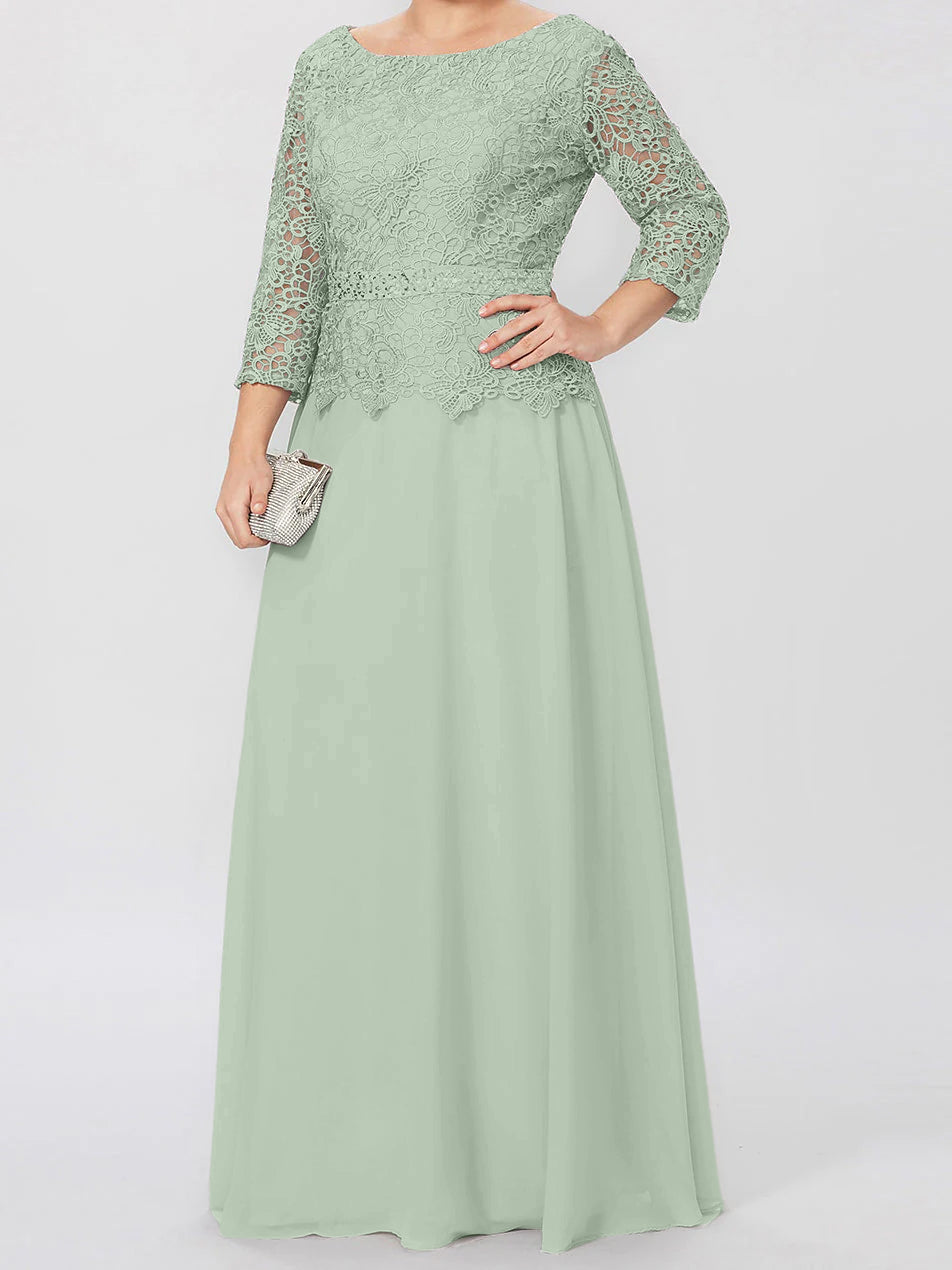 Robe de Mère de la Mariée Coupe A-Line/Princess, Col Rond, Manches 3/4, Longueur Au Sol, avec Appliques et Paillettes