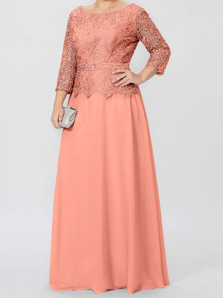 Robe de Mère de la Mariée Coupe A-Line/Princess, Col Rond, Manches 3/4, Longueur Au Sol, avec Appliques et Paillettes