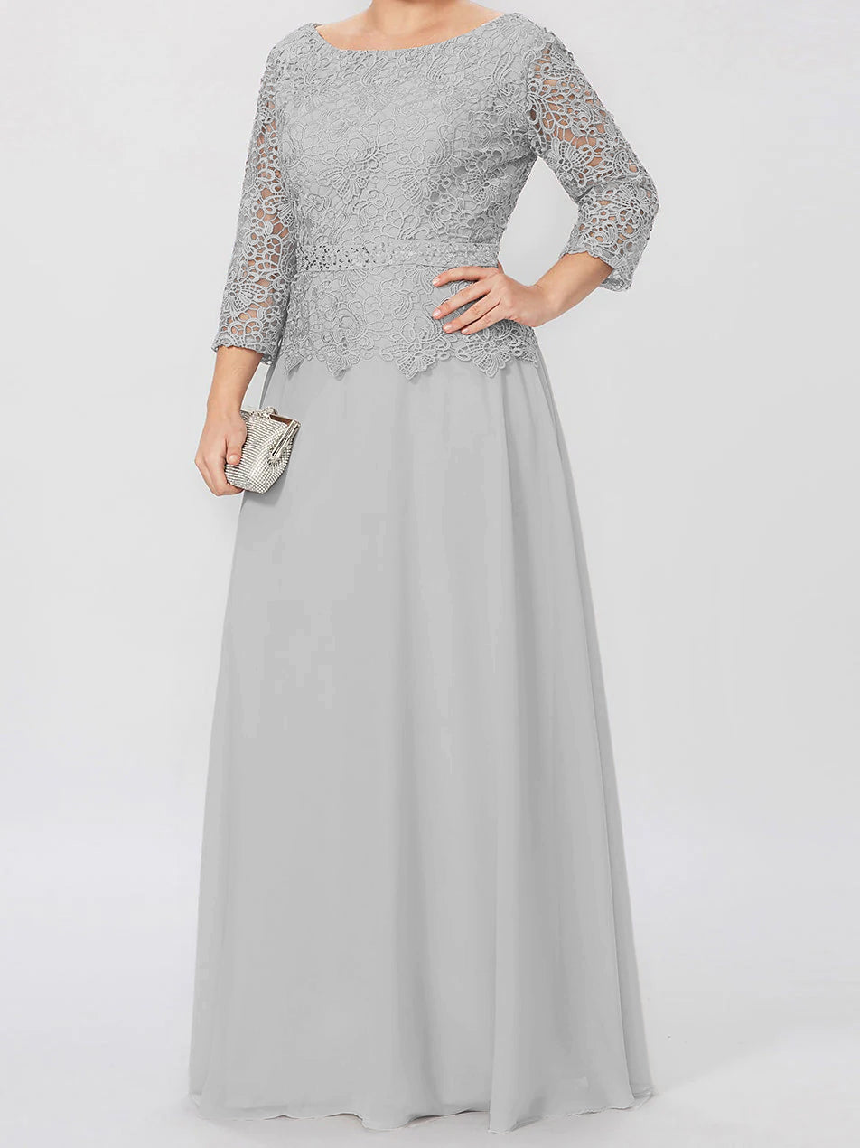 Robe de Mère de la Mariée Coupe A-Line/Princess, Col Rond, Manches 3/4, Longueur Au Sol, avec Appliques et Paillettes
