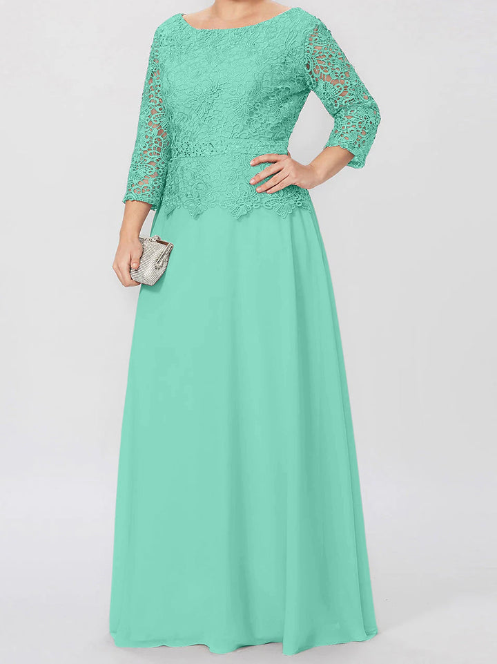 Robe de Mère de la Mariée Coupe A-Line/Princess, Col Rond, Manches 3/4, Longueur Au Sol, avec Appliques et Paillettes
