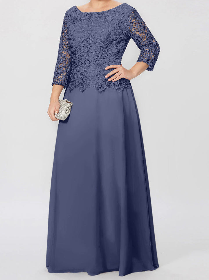 Robe de Mère de la Mariée Coupe A-Line/Princess, Col Rond, Manches 3/4, Longueur Au Sol, avec Appliques et Paillettes