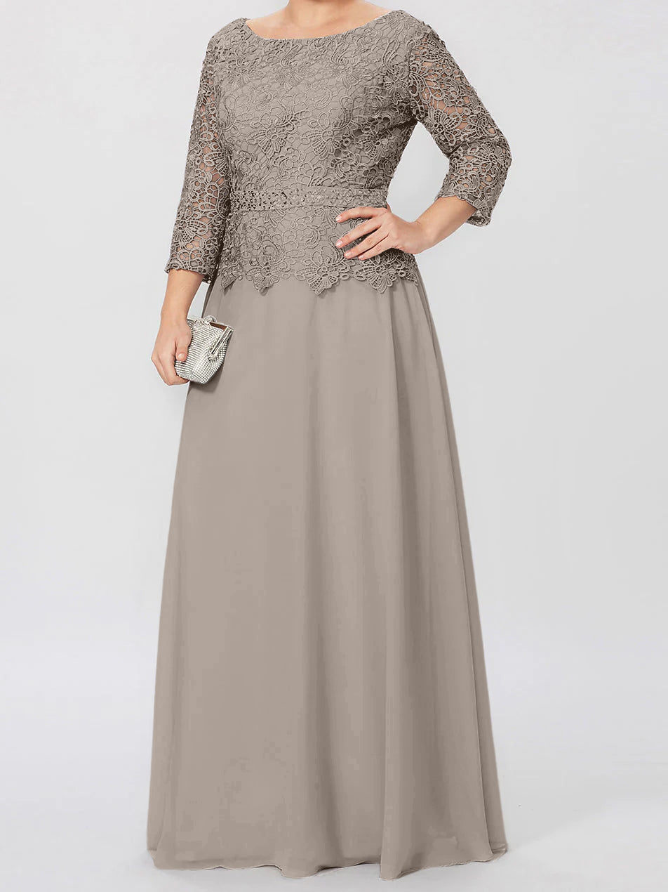 Robe de Mère de la Mariée Coupe A-Line/Princess, Col Rond, Manches 3/4, Longueur Au Sol, avec Appliques et Paillettes