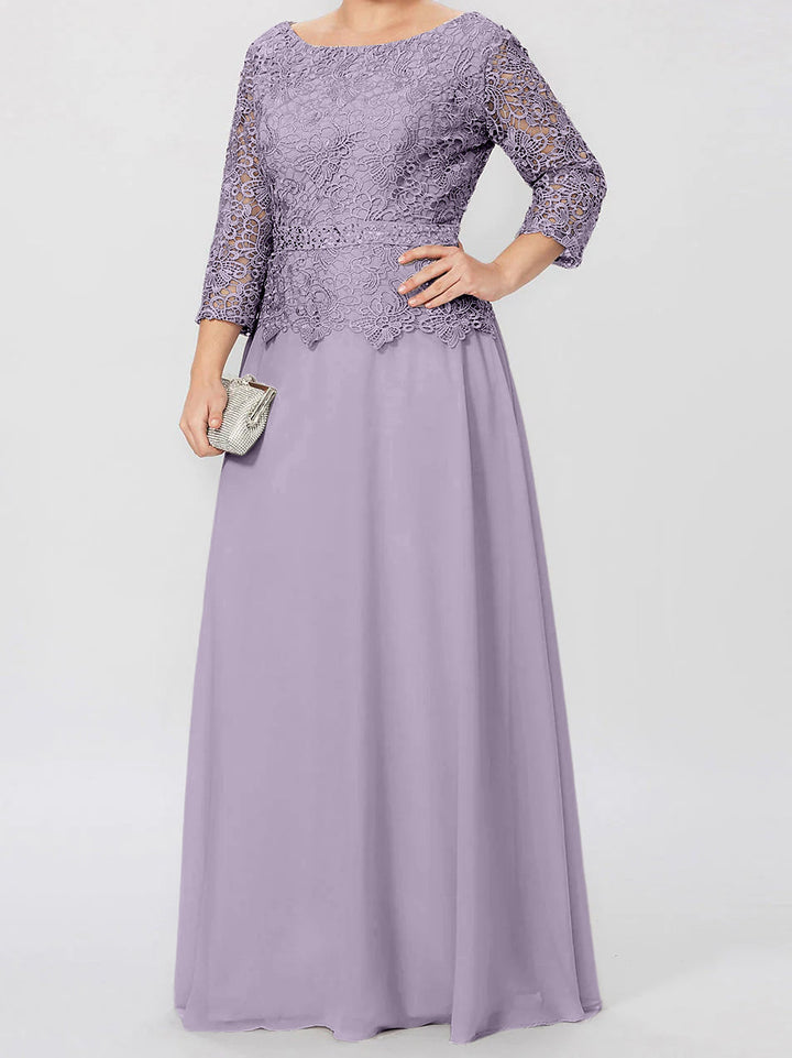 Robe de Mère de la Mariée Coupe A-Line/Princess, Col Rond, Manches 3/4, Longueur Au Sol, avec Appliques et Paillettes