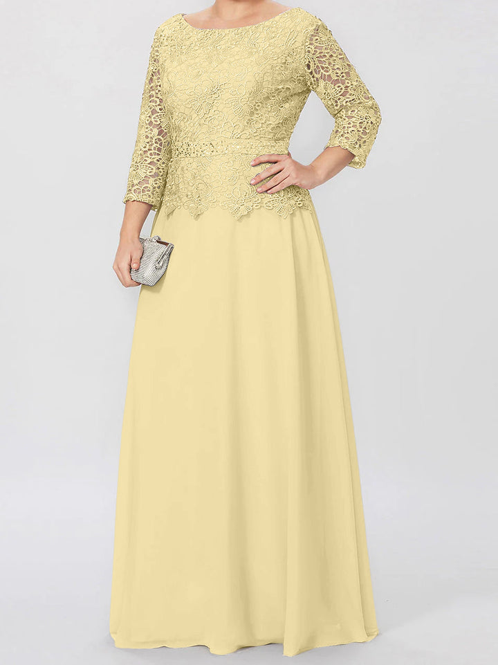 Robe de Mère de la Mariée Coupe A-Line/Princess, Col Rond, Manches 3/4, Longueur Au Sol, avec Appliques et Paillettes