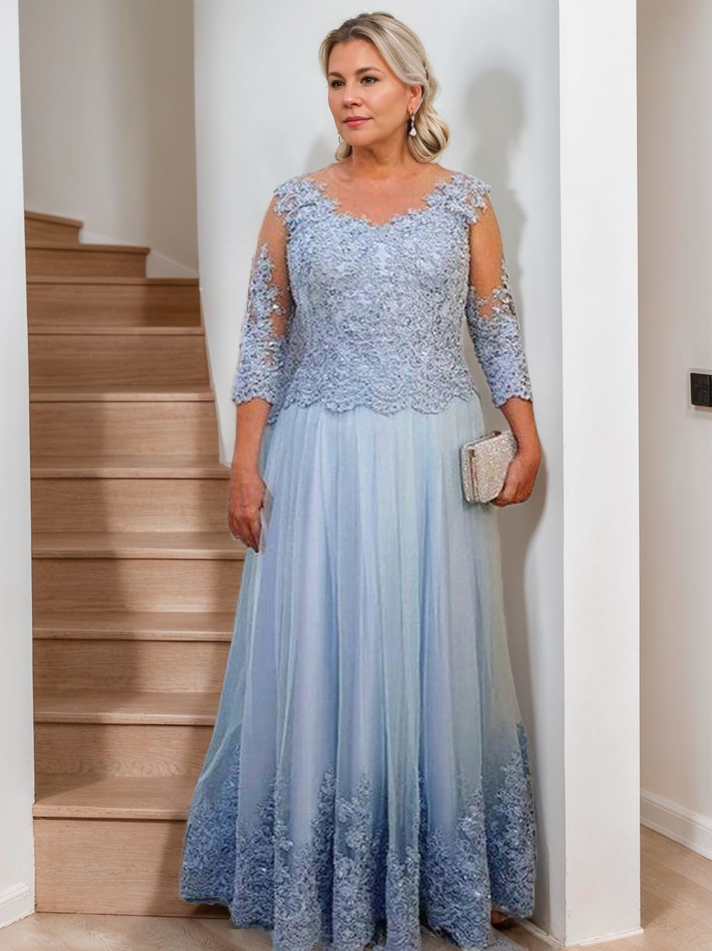 Robe de Mère de la Mariée Coupe A-Line/Princess, Col Transparent, Manches 3/4, Longueur Au Sol, avec Appliques