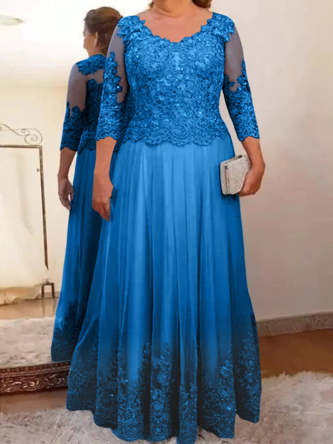 Robe de Mère de la Mariée Coupe A-Line/Princess, Col Transparent, Manches 3/4, Longueur Au Sol, avec Appliques
