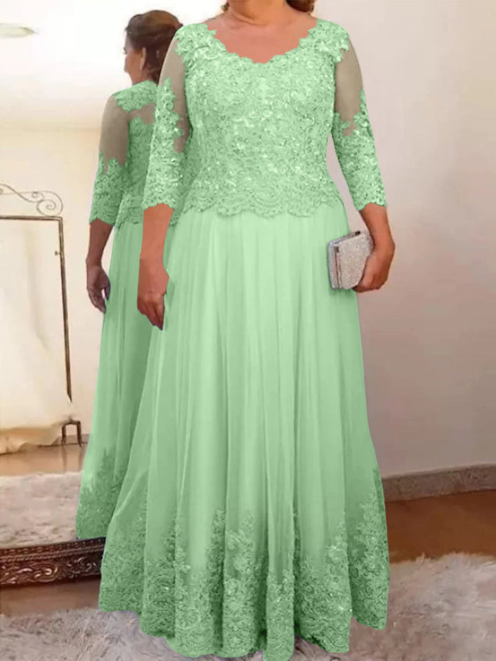 Robe de Mère de la Mariée Coupe A-Line/Princess, Col Transparent, Manches 3/4, Longueur Au Sol, avec Appliques