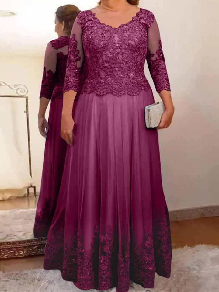 Robe de Mère de la Mariée Coupe A-Line/Princess, Col Transparent, Manches 3/4, Longueur Au Sol, avec Appliques