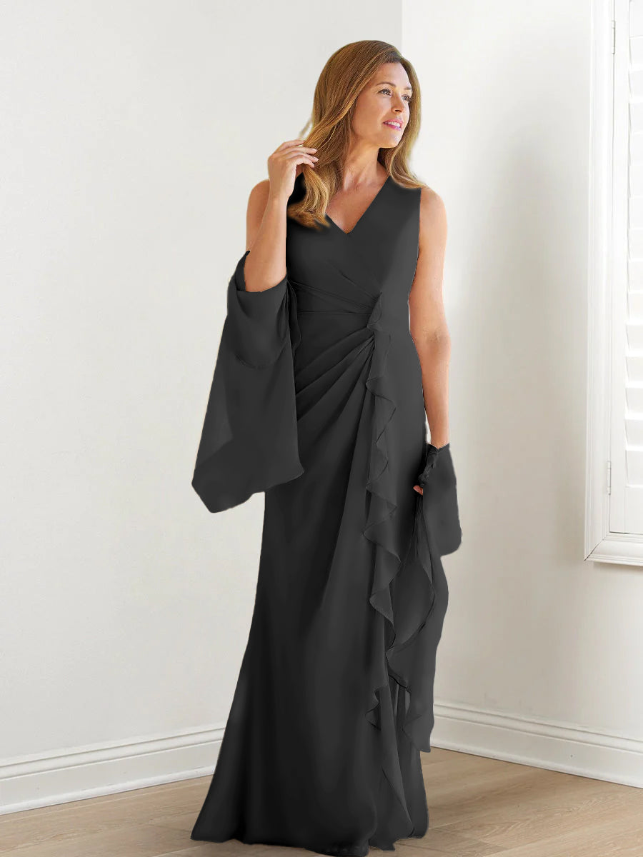 Robe de Mère de la Mariée Fourreau/Colonne à Col en V Sans Manches, Longueur Au Sol, avec Enveloppes et Volants
