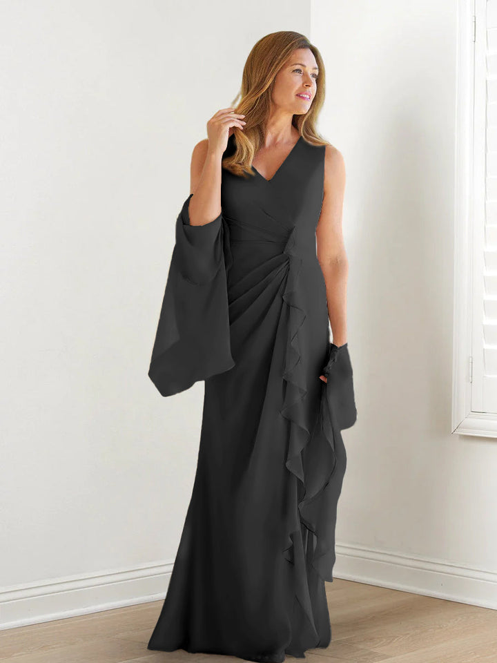 Robe de Mère de la Mariée Fourreau/Colonne à Col en V Sans Manches, Longueur Au Sol, avec Enveloppes et Volants