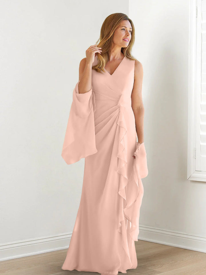 Robe de Mère de la Mariée Fourreau/Colonne à Col en V Sans Manches, Longueur Au Sol, avec Enveloppes et Volants