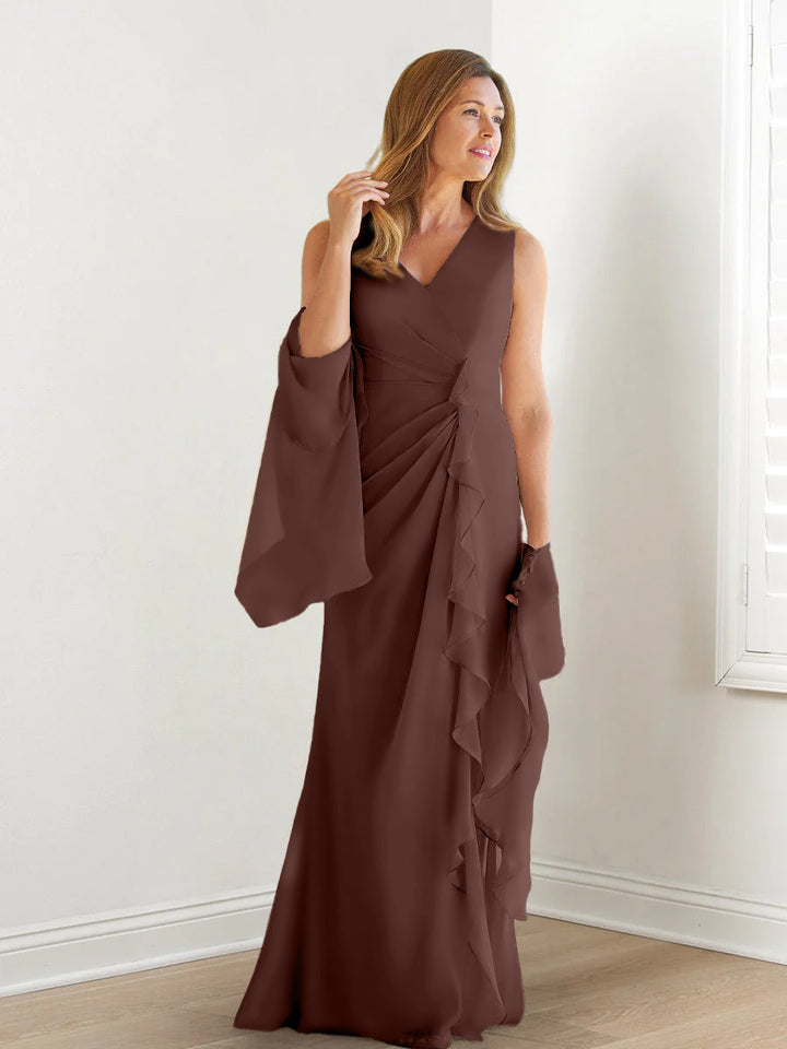 Robe de Mère de la Mariée Fourreau/Colonne à Col en V Sans Manches, Longueur Au Sol, avec Enveloppes et Volants