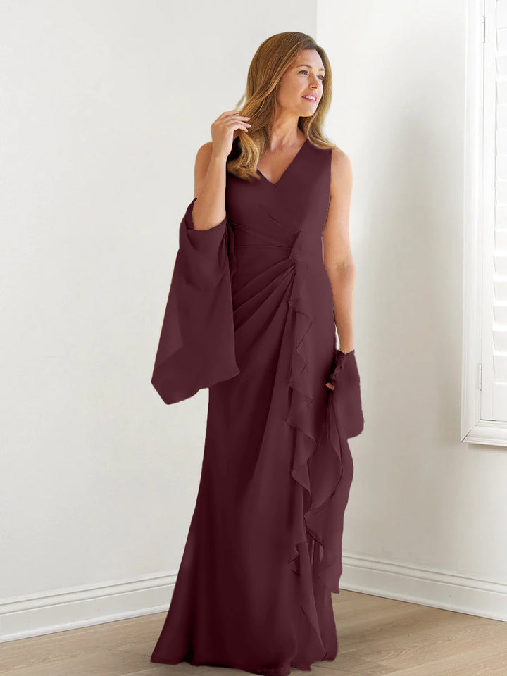 Robe de Mère de la Mariée Fourreau/Colonne à Col en V Sans Manches, Longueur Au Sol, avec Enveloppes et Volants