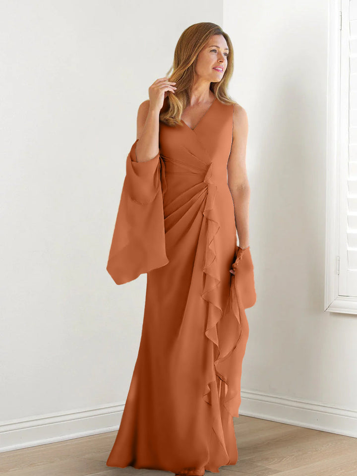 Robe de Mère de la Mariée Fourreau/Colonne à Col en V Sans Manches, Longueur Au Sol, avec Enveloppes et Volants