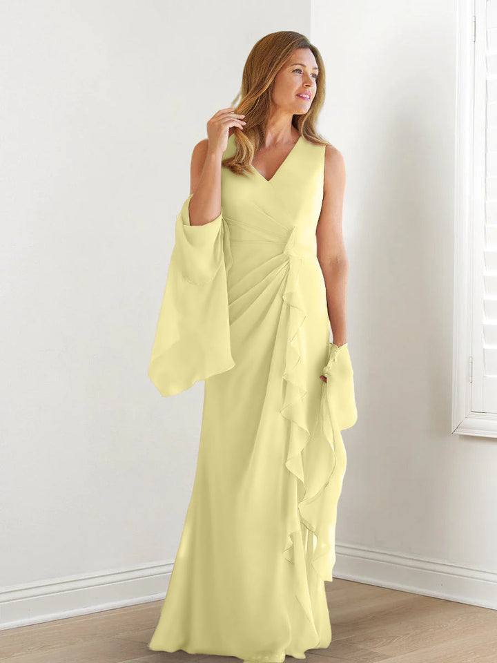 Robe de Mère de la Mariée Fourreau/Colonne à Col en V Sans Manches, Longueur Au Sol, avec Enveloppes et Volants