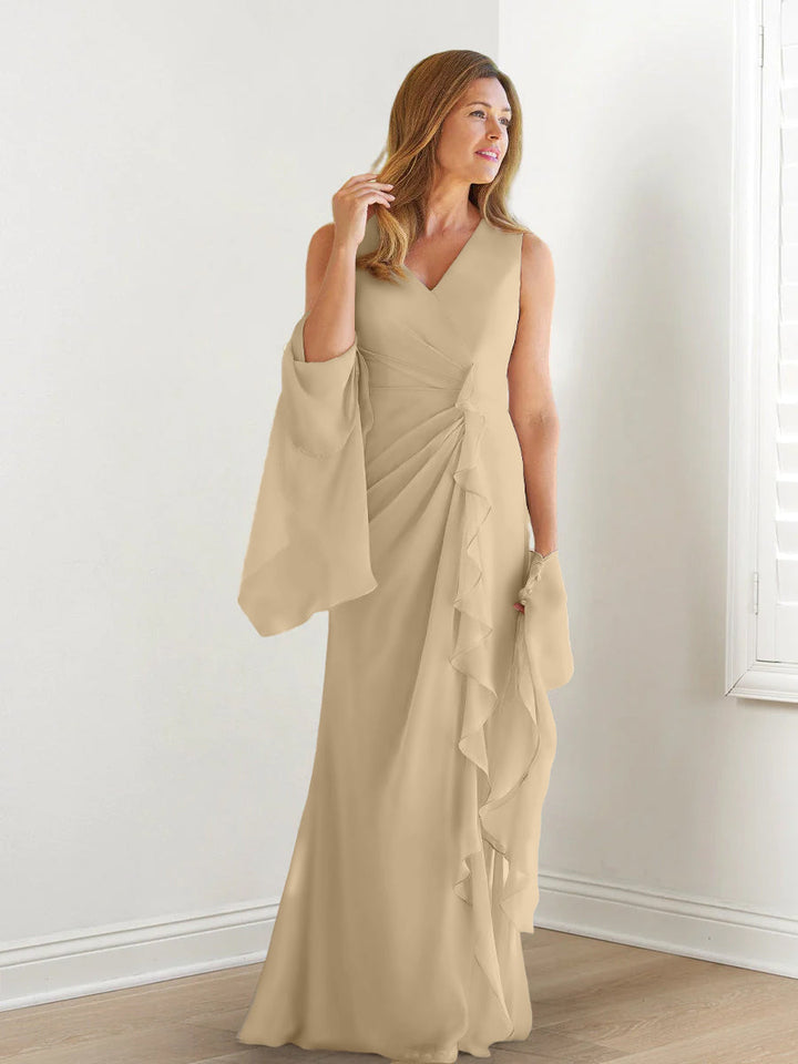 Robe de Mère de la Mariée Fourreau/Colonne à Col en V Sans Manches, Longueur Au Sol, avec Enveloppes et Volants