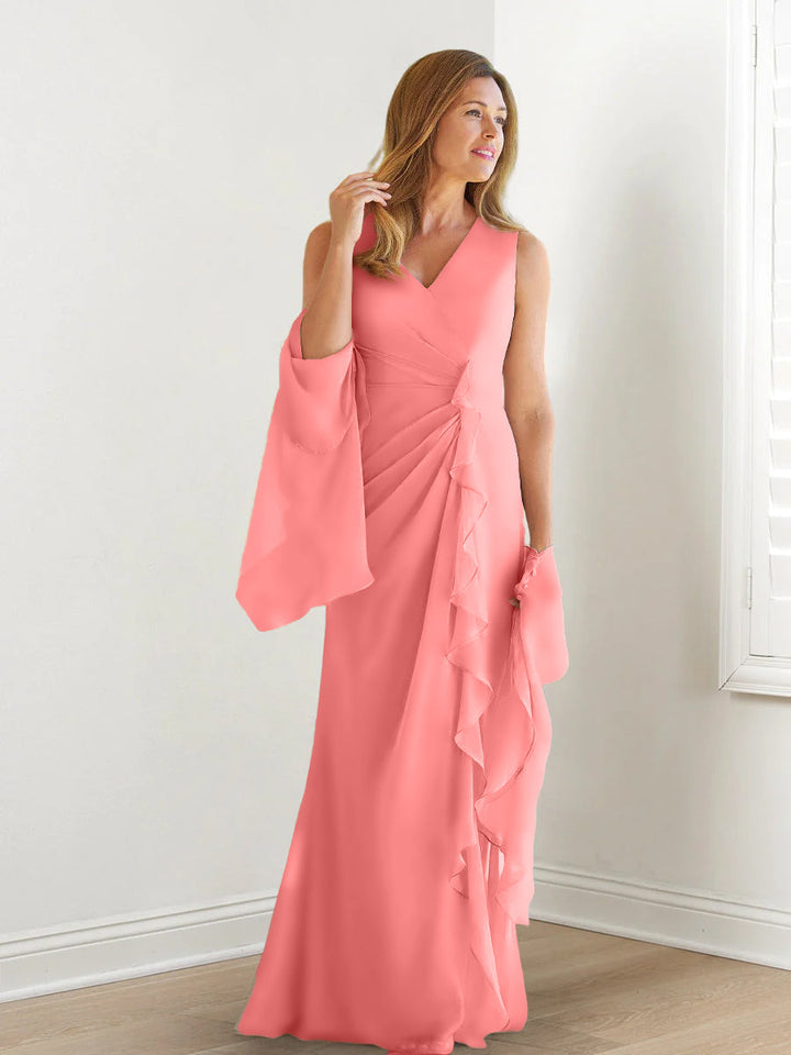 Robe de Mère de la Mariée Fourreau/Colonne à Col en V Sans Manches, Longueur Au Sol, avec Enveloppes et Volants