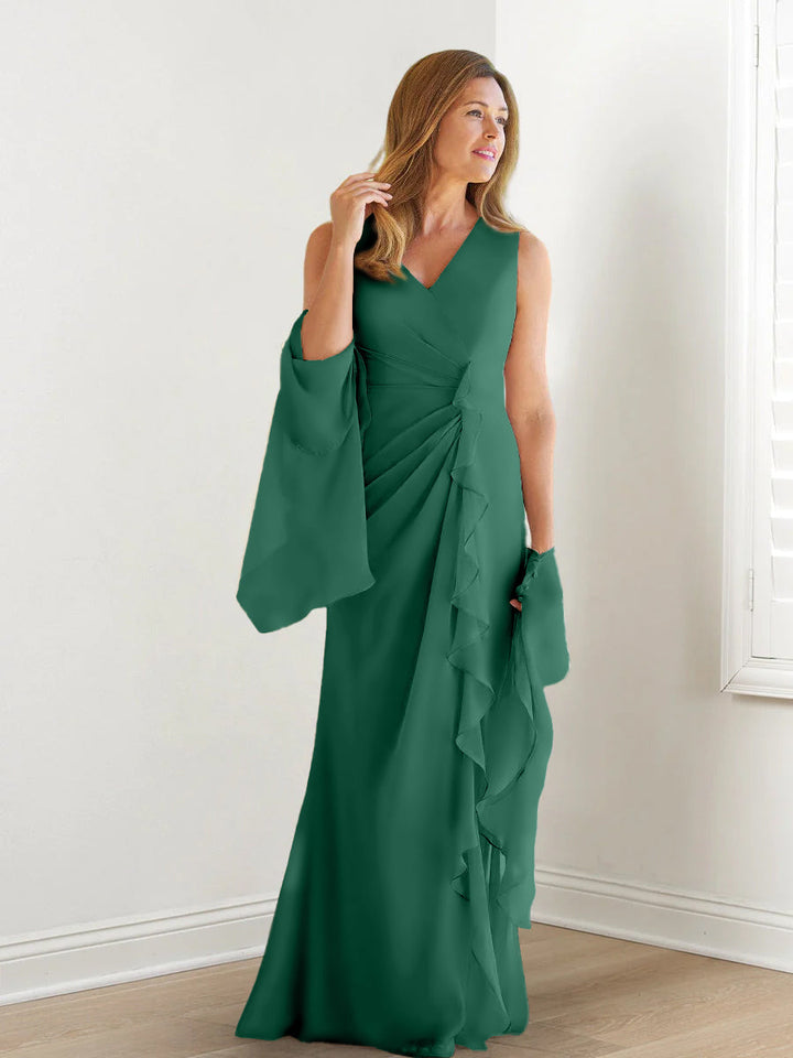Robe de Mère de la Mariée Fourreau/Colonne à Col en V Sans Manches, Longueur Au Sol, avec Enveloppes et Volants