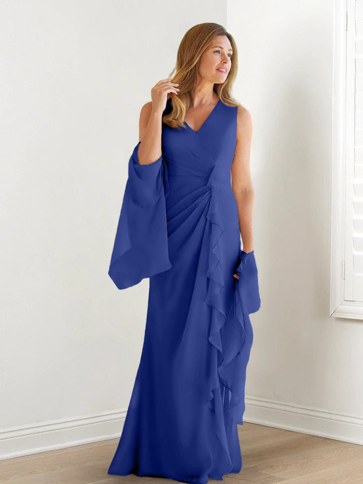 Robe de Mère de la Mariée Fourreau/Colonne à Col en V Sans Manches, Longueur Au Sol, avec Enveloppes et Volants