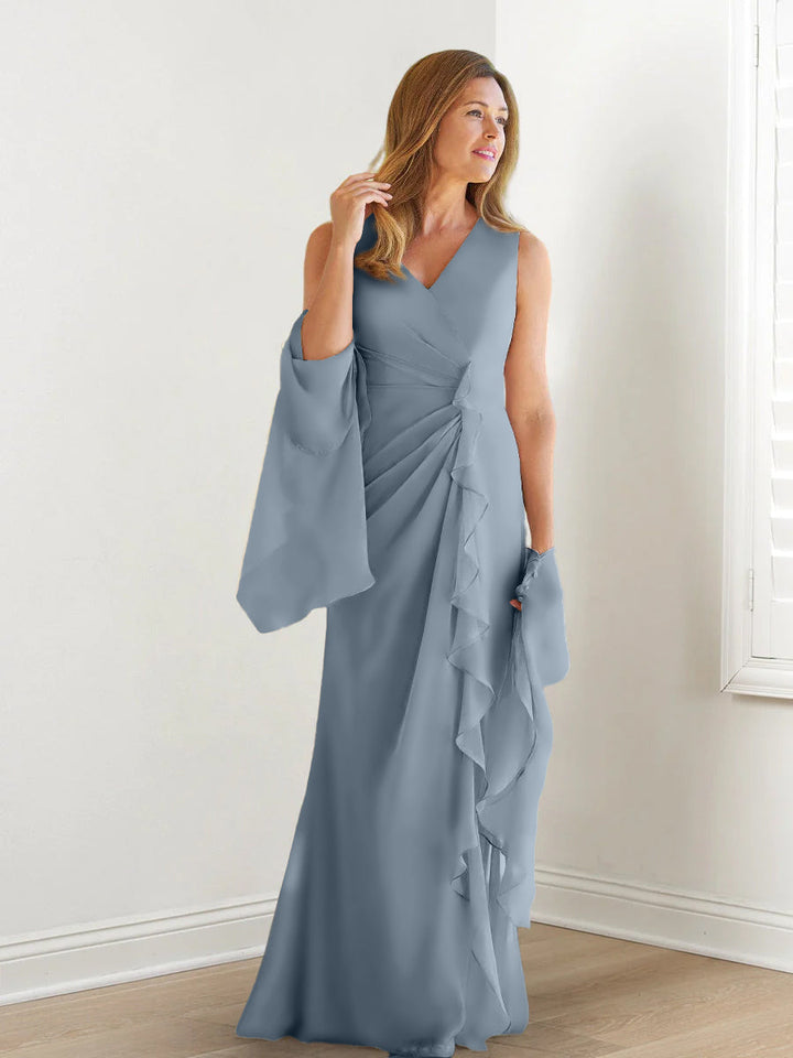 Robe de Mère de la Mariée Fourreau/Colonne à Col en V Sans Manches, Longueur Au Sol, avec Enveloppes et Volants