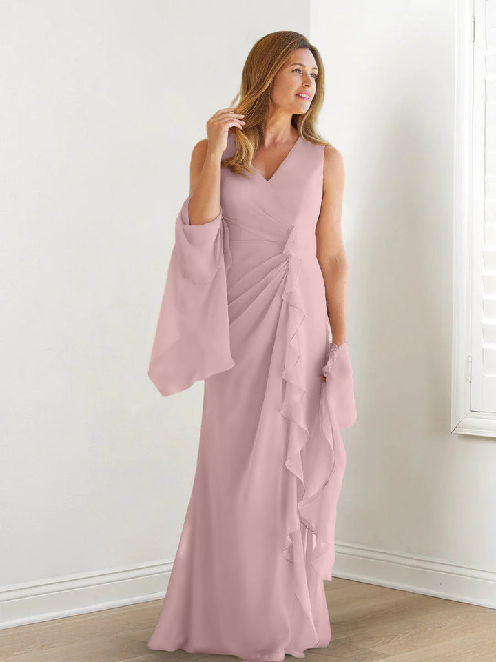 Robe de Mère de la Mariée Fourreau/Colonne à Col en V Sans Manches, Longueur Au Sol, avec Enveloppes et Volants