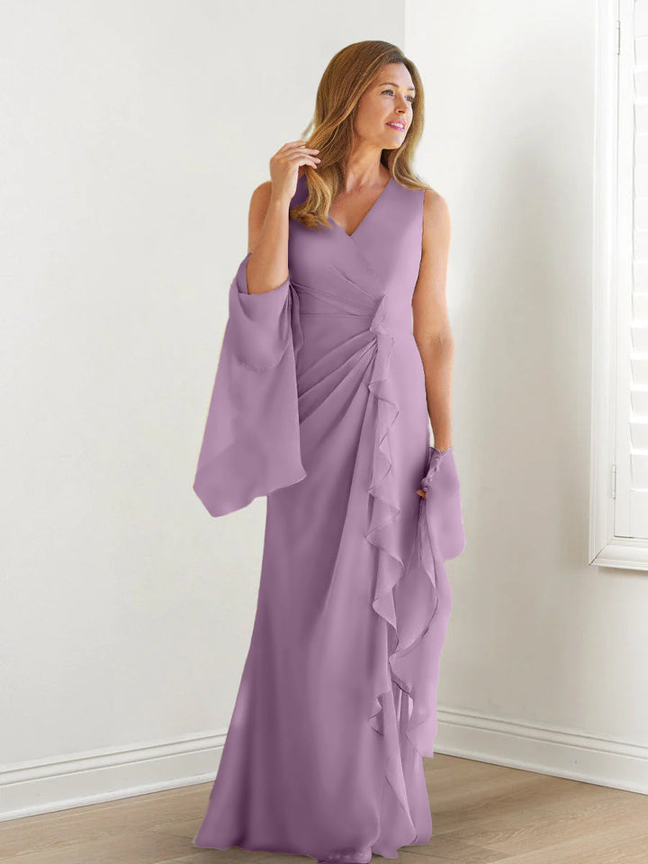 Robe de Mère de la Mariée Fourreau/Colonne à Col en V Sans Manches, Longueur Au Sol, avec Enveloppes et Volants