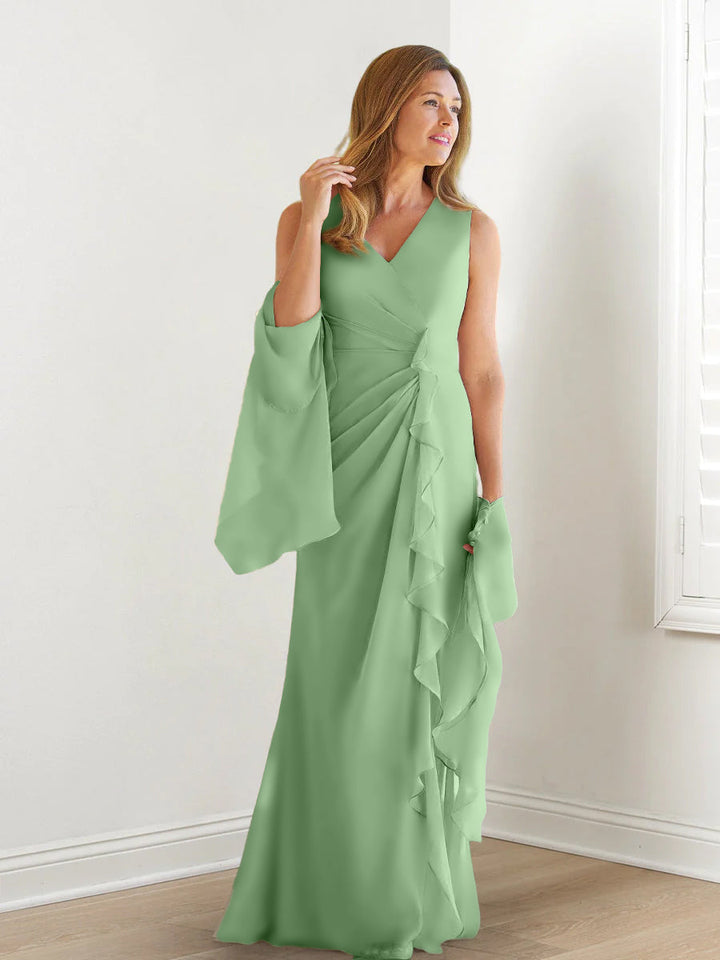Robe de Mère de la Mariée Fourreau/Colonne à Col en V Sans Manches, Longueur Au Sol, avec Enveloppes et Volants
