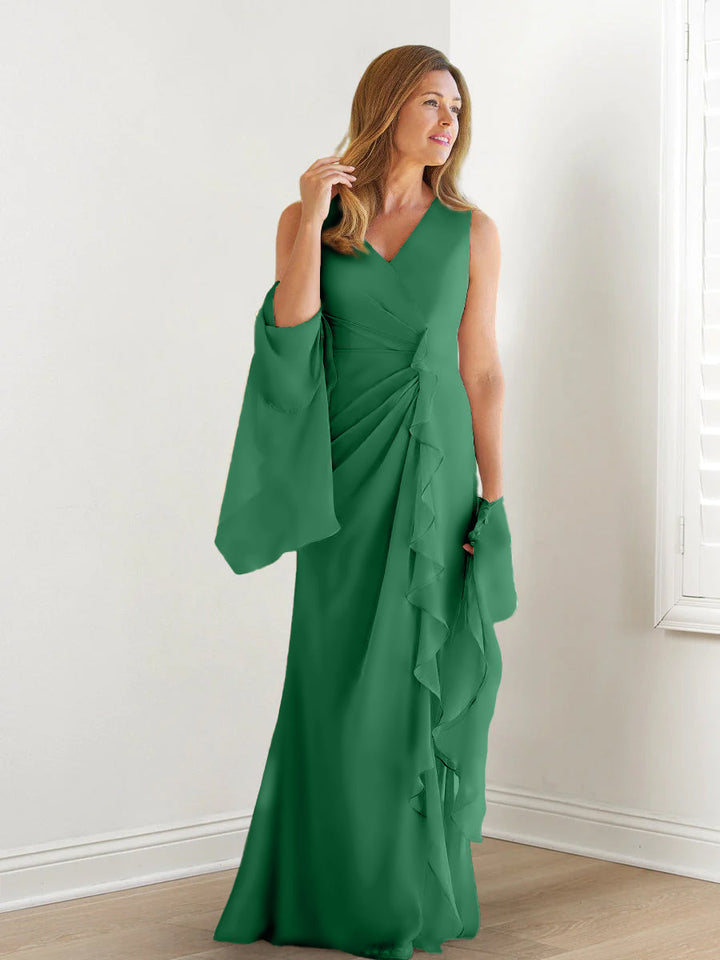 Robe de Mère de la Mariée Fourreau/Colonne à Col en V Sans Manches, Longueur Au Sol, avec Enveloppes et Volants