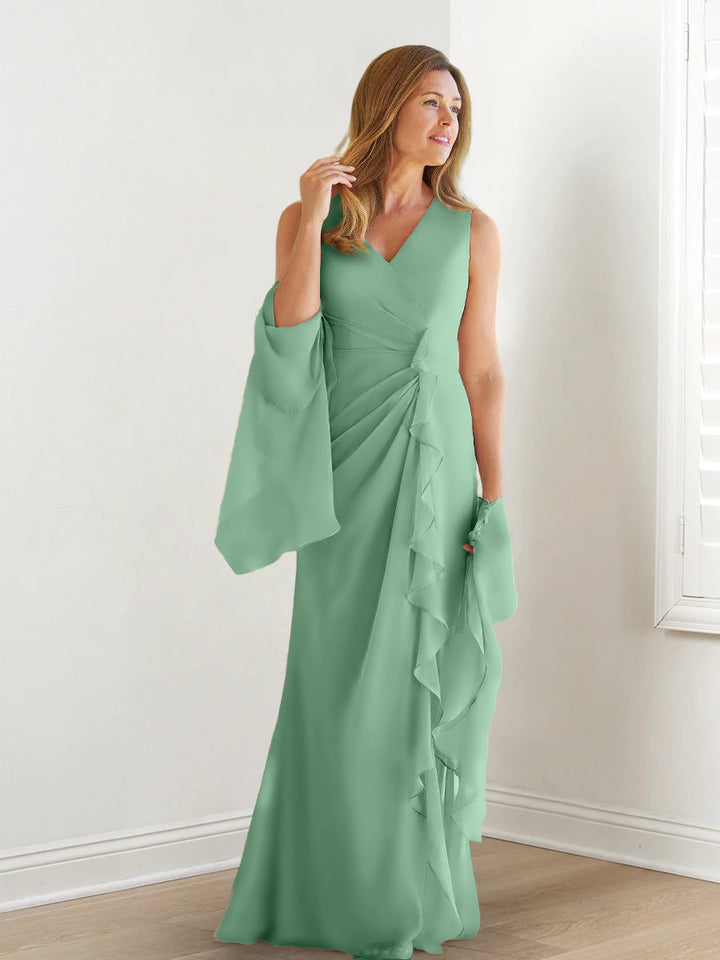 Robe de Mère de la Mariée Fourreau/Colonne à Col en V Sans Manches, Longueur Au Sol, avec Enveloppes et Volants